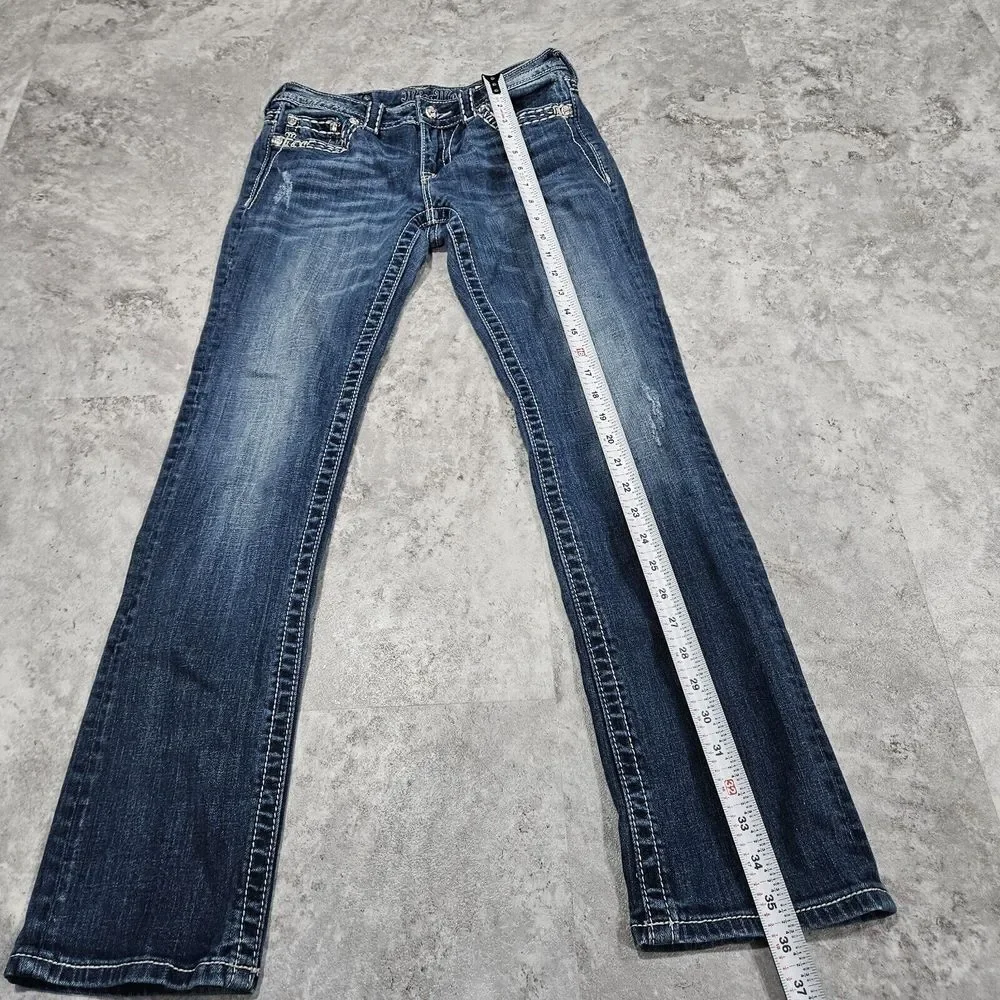 Miss Me Low Rise Distressed Denim Straight Jeans 28 Studded Flap Pockets Bling - Picture 3 of 12